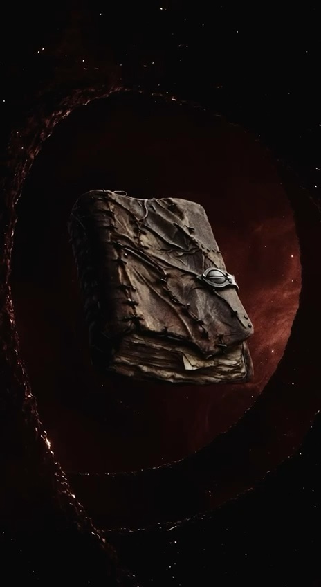 A stitched leather book floating inside a ring of red glow