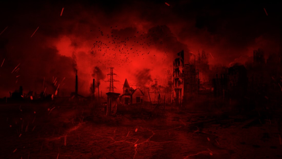 A ruined city under a burning red sky, a flock of birds above an abandoned house